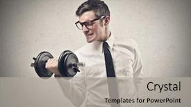 Presentation with employee anniversary work office - Beautiful PPT layouts featuring training - office worker raising a dumbbell backdrop and a light gray colored foreground