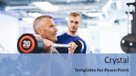  Presentation with lifting weights - Presentation enhanced with training - older man lifting weights supervised background and a light blue colored foreground