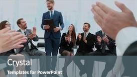  Presentation with business in green - Colorful presentation design enhanced with training academy - business group greets leader backdrop and a ocean colored foreground