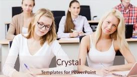 Presentation with classroom - Colorful presentation theme enhanced with training academy - young people sitting in classroom backdrop and a  colored foreground