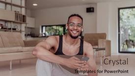  Presentation with living room - Theme having training-at-home-sporty-man background and a coral colored foreground