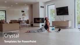  Presentation with living room - PPT theme featuring training-at-home-sporty-man background and a gray colored foreground