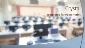  Presentation with computer room - Audience pleasing slides consisting of training class - abstract blur empty computer room backdrop and a lemonade colored foreground