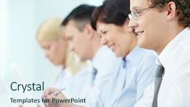  Presentation with young business people - Theme with training course - business people sitting background and a sky blue colored foreground