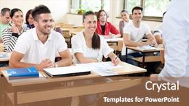  Presentation with listening - Presentation design consisting of training course - group of cheerful students listening background and a  colored foreground