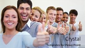  Presentation with students - Cool new slide deck with training course - happy smiling students backdrop and a light blue colored foreground