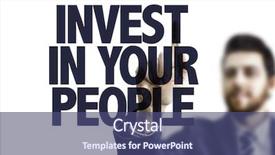  Presentation with invest - PPT theme featuring training department - businessman pointing the text invest background and a ocean colored foreground