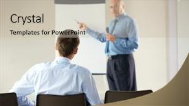  Presentation with microphone - Audience pleasing theme consisting of training education - senior manager during seminar presentation backdrop and a soft green colored foreground