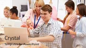  Presentation with college students - Amazing presentation theme having training education - teacher helping college students studying backdrop and a  colored foreground