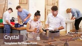  Presentation with education training - Cool new PPT theme with training education - teacher helping college students studying backdrop and a coral colored foreground