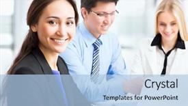  Presentation with employees working together - Presentation theme with training experts - business woman and her collegues background and a light blue colored foreground