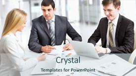  Presentation with five business people standing together and smiling - Beautiful slide set featuring training experts - group of business people working backdrop and a sky blue colored foreground