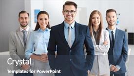  Presentation with people - PPT theme enhanced with training experts - group of people in office background and a ocean colored foreground