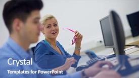  Presentation with technology students - Slides enhanced with training room - technology students group in computer background and a ocean colored foreground