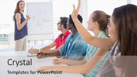  Presentation with project - Beautiful PPT layouts featuring training room - young casual businesswoman presenting new backdrop and a coral colored foreground