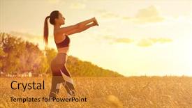  Presentation with green soccer field sport - Colorful slides enhanced with training rural women - young sporty girl in wheat backdrop and a gold colored foreground