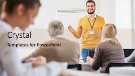  Presentation with business training - Presentation design featuring training speaker giving business lecture background and a coral colored foreground