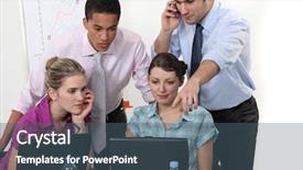  Presentation with laptop - Cool new slide set with training strategy - colleagues gathered around laptop backdrop and a  colored foreground