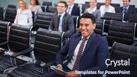  Presentation with business training - Amazing PPT theme having training team - image of business partners sitting backdrop and a wine colored foreground