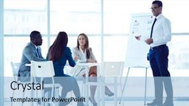  Presentation with partners - Colorful theme enhanced with training workshops - businessman explaining financial scheme backdrop and a light blue colored foreground