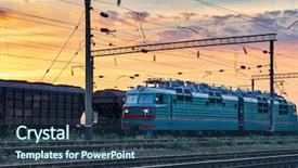  Presentation with transportation infrastructure - PPT theme with trains and wagons railroad infrastructure background and a ocean colored foreground