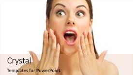  Presentation with group of three young girl - Presentation theme consisting of traits - surprised young girl isolated background and a coral colored foreground