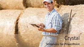  Presentation with tablet - Colorful PPT theme enhanced with traktor - farmer holding a tablet backdrop and a coral colored foreground