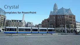  Presentation with tram - Theme having tram-driving-on-the-empty background and a light blue colored foreground