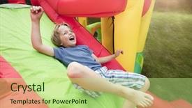  Presentation with castle - Amazing presentation design having trampoline - boy jumping down the slide backdrop and a mint green colored foreground