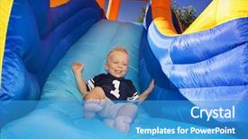  Presentation with 3d character sliding - Amazing presentation theme having trampoline - boy sliding down an inflatable backdrop and a teal colored foreground