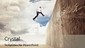  Presentation with concrete - Presentation theme enhanced with trampoline - businessman jump over concrete wall background and a soft green colored foreground