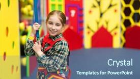  Presentation with entertainment - PPT theme with trampoline - joyful little girl on ropes background and a ocean colored foreground