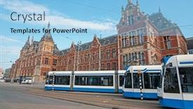  Presentation with amsterdam - PPT theme with trams-waiting-at-central-station background and a light blue colored foreground