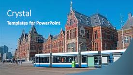  Presentation with amsterdam - Amazing PPT theme having trams-waiting-at-central-station backdrop and a teal colored foreground
