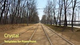  Presentation with railroad - Presentation theme having tramway-railroad-in-city background and a coral colored foreground