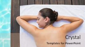  Presentation with tranquil spa - Cool new slide set with tranquil brunette lying on towel poolside outside at the spa backdrop and a coral colored foreground