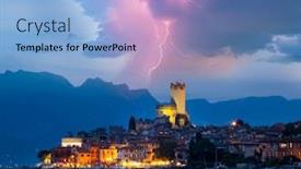  Presentation with tranquil - Colorful presentation enhanced with tranquil sunset and evening illuminations of the beautiful town of malcesine on lake garda in italy backdrop and a light blue colored foreground