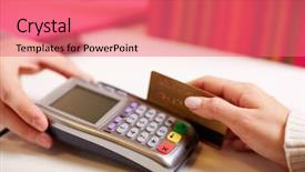  Presentation with card transaction - Presentation theme featuring transaction - close-up of payment through machine background and a coral colored foreground
