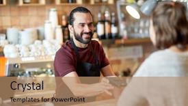  Presentation with card transaction - Presentation design having transaction - small business people and service background and a coral colored foreground