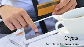  Presentation with card transaction - Beautiful PPT theme featuring transaction - young man in suit shopping backdrop and a light blue colored foreground