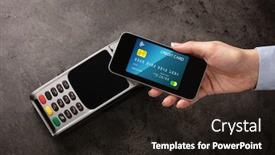  Presentation with card transaction - PPT theme consisting of transaction completed on terminal with mobile credit card background and a wine colored foreground