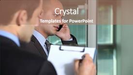  Presentation with businessmen overcome financial crisis - Presentation having transcribe - businessmen in an office background and a coral colored foreground