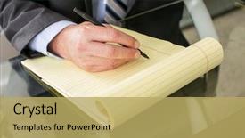  Presentation with policy writing - Beautiful slide set featuring transcribe - closeup of man writing backdrop and a yellow colored foreground