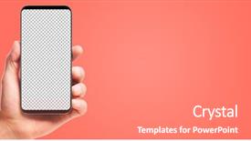  Presentation with transparent screen - PPT layouts having transeparent electronics - male hand holding bezel-less smartphone background and a coral colored foreground