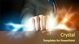 Presentation with energy power - Beautiful presentation design featuring energy transformation - businessman holding lightning in fist backdrop and a  colored foreground