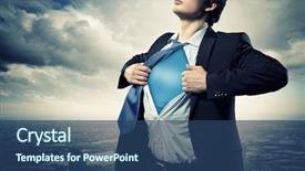  Presentation with superhero - PPT layouts with transformational leadership - image of young businessman showing background and a ocean colored foreground