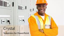  Presentation with substation - Slides enhanced with transformer protection - cheerful african industrial technician background and a gold colored foreground