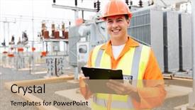 Presentation with power plant - PPT theme consisting of transformer protection - electrical worker working in power background and a coral colored foreground