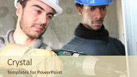  Presentation with construction site construction - Presentation theme with transformer protection - electricians on construction site background and a cream colored foreground