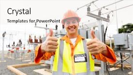  Presentation with transformer - Beautiful slide deck featuring transformer protection - handsome electrician with thumbs up backdrop and a  colored foreground